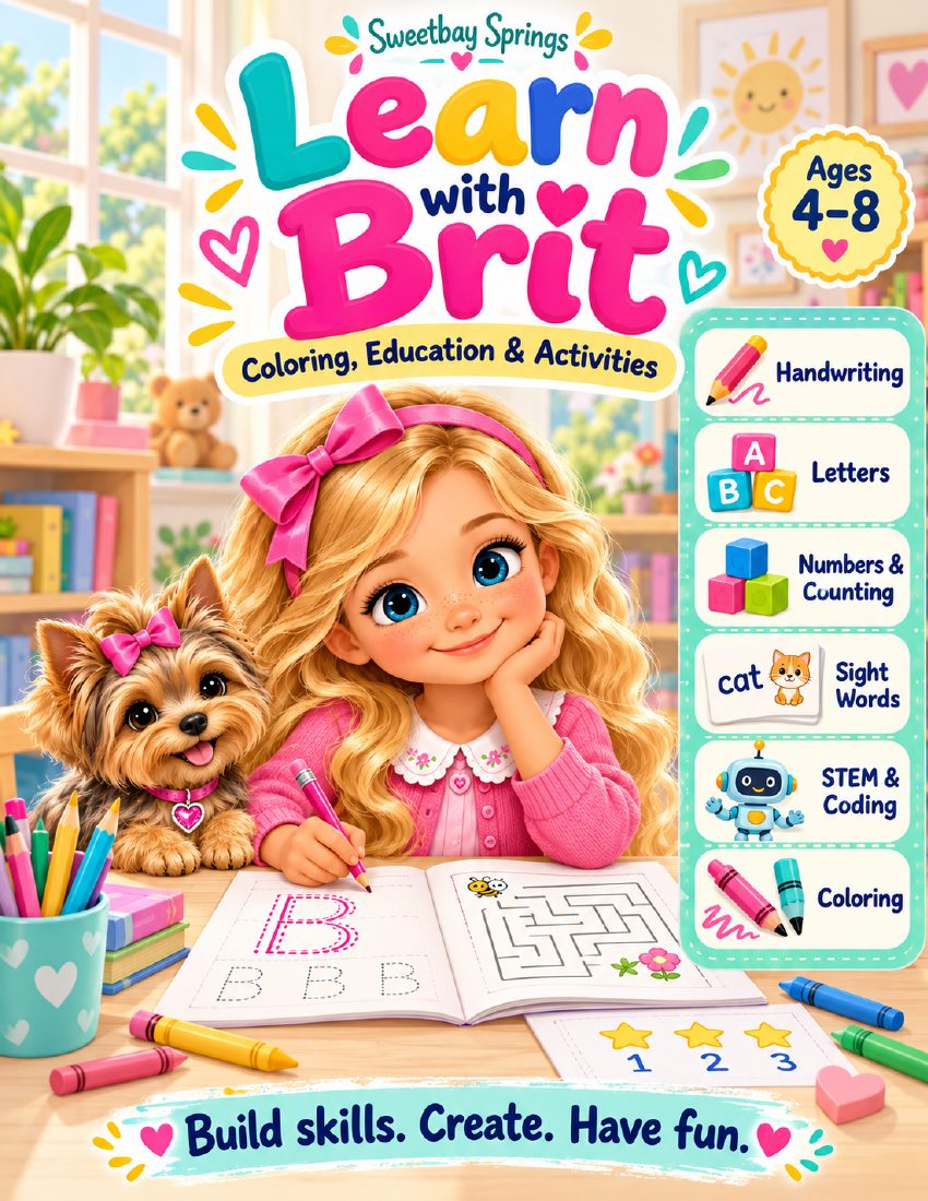 Cover of Learn with Brit, a 22-page printable activity book for children ages 4–8