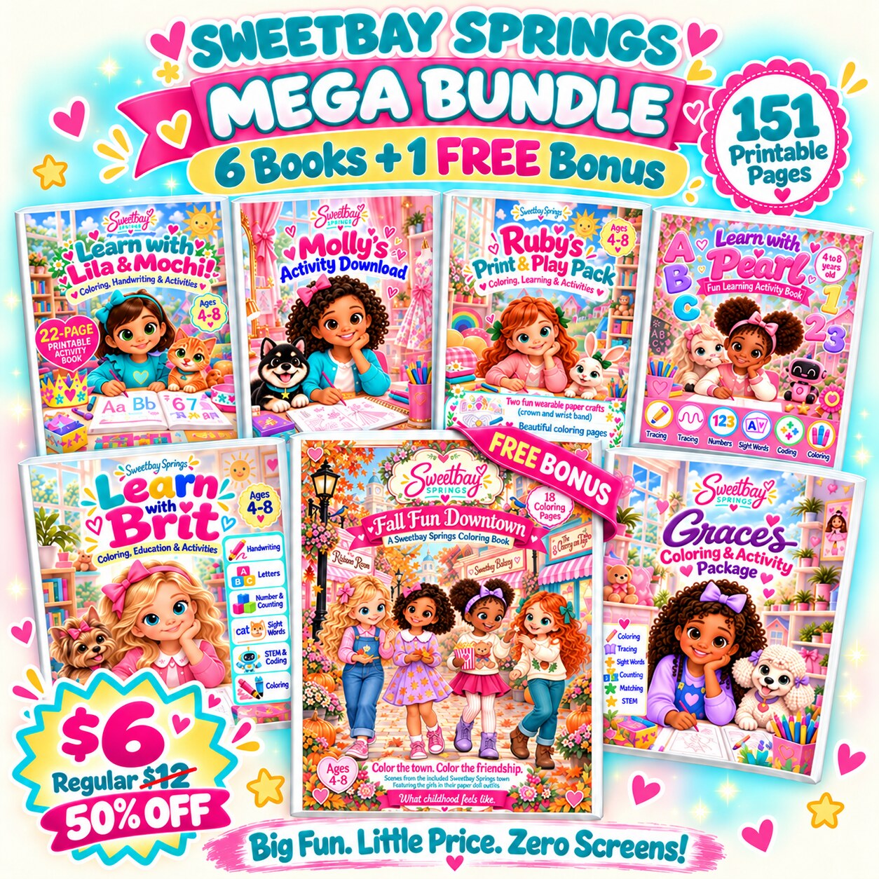 Sweetbay Springs Mega Bundle: six activity books plus a free bonus coloring book, 151 printable pages for $6