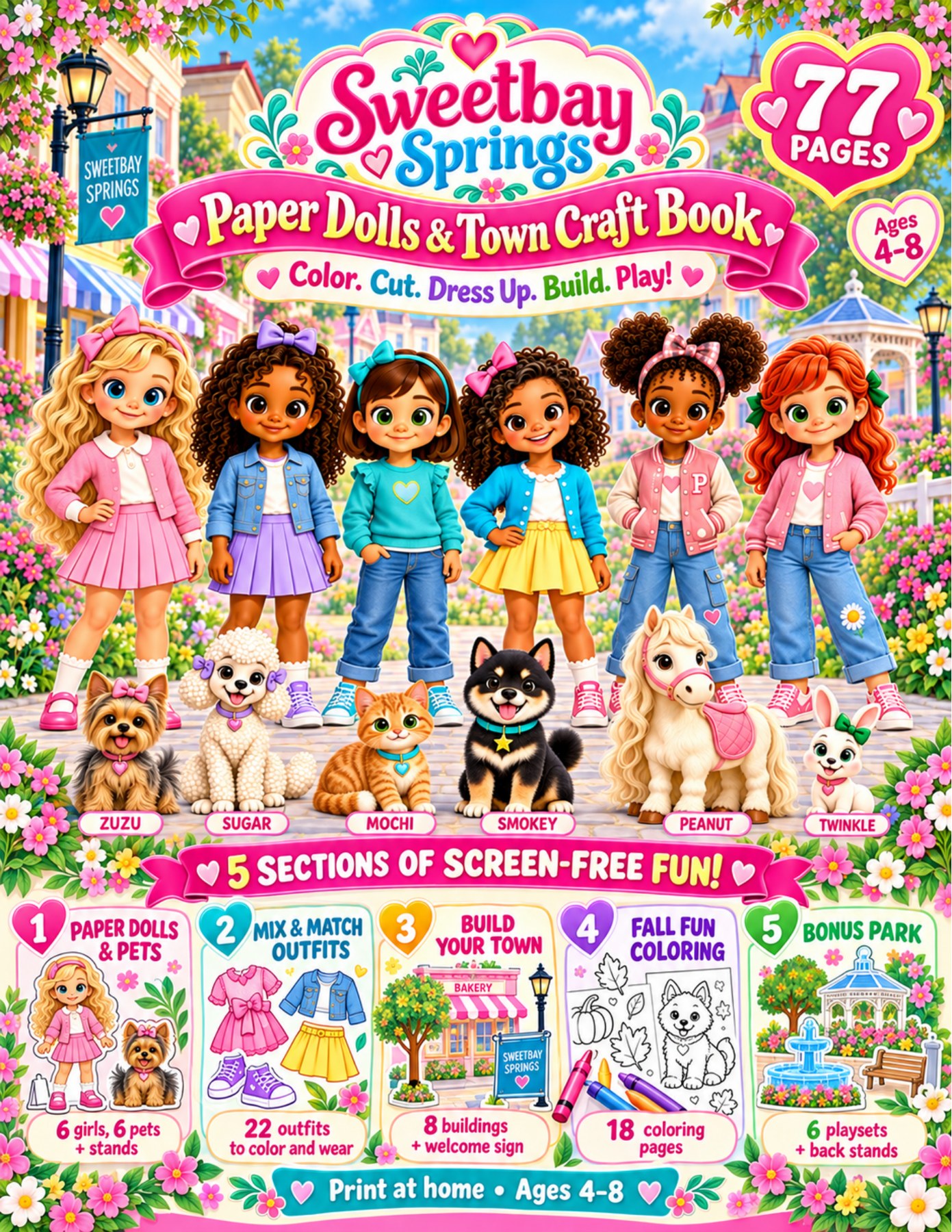 Sweetbay Springs Paper Dolls and Town Craft Book cover: six girls, six pets, and five sections of creative fun