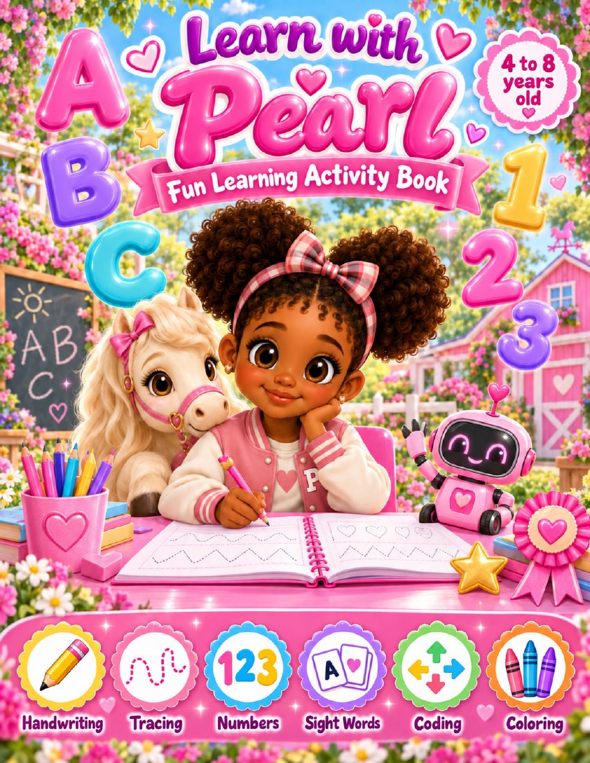 Cover of Learn with Pearl, a printable learning activity book for ages 4–8