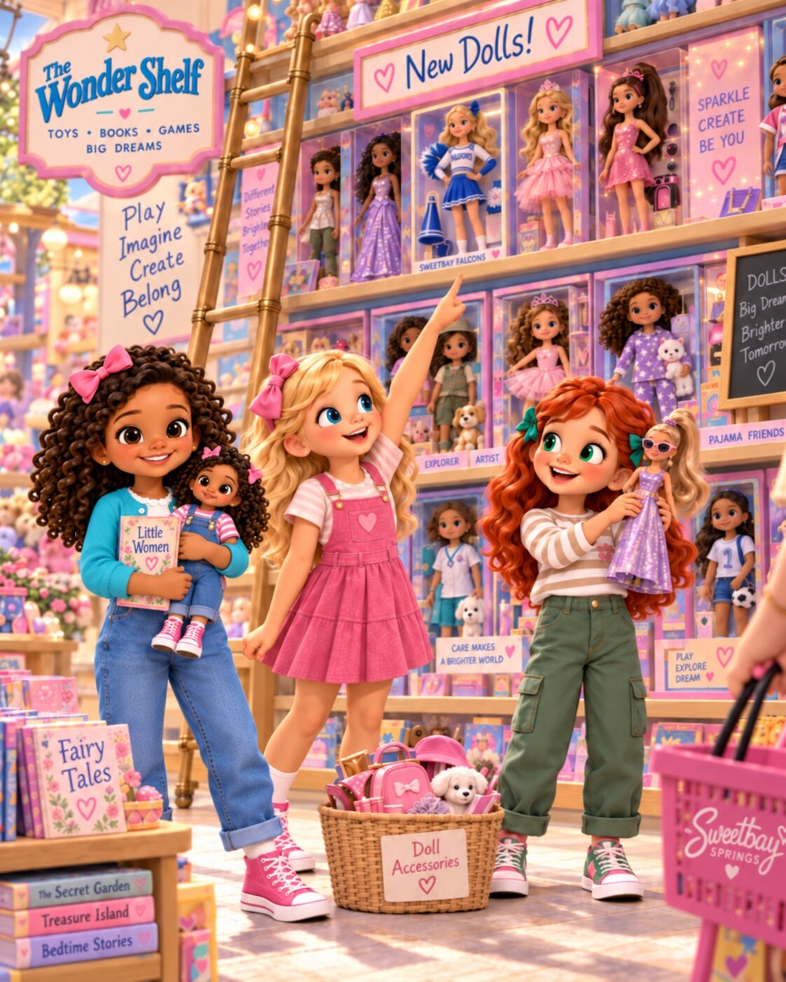 Friends browsing dolls at The Wonder Shelf