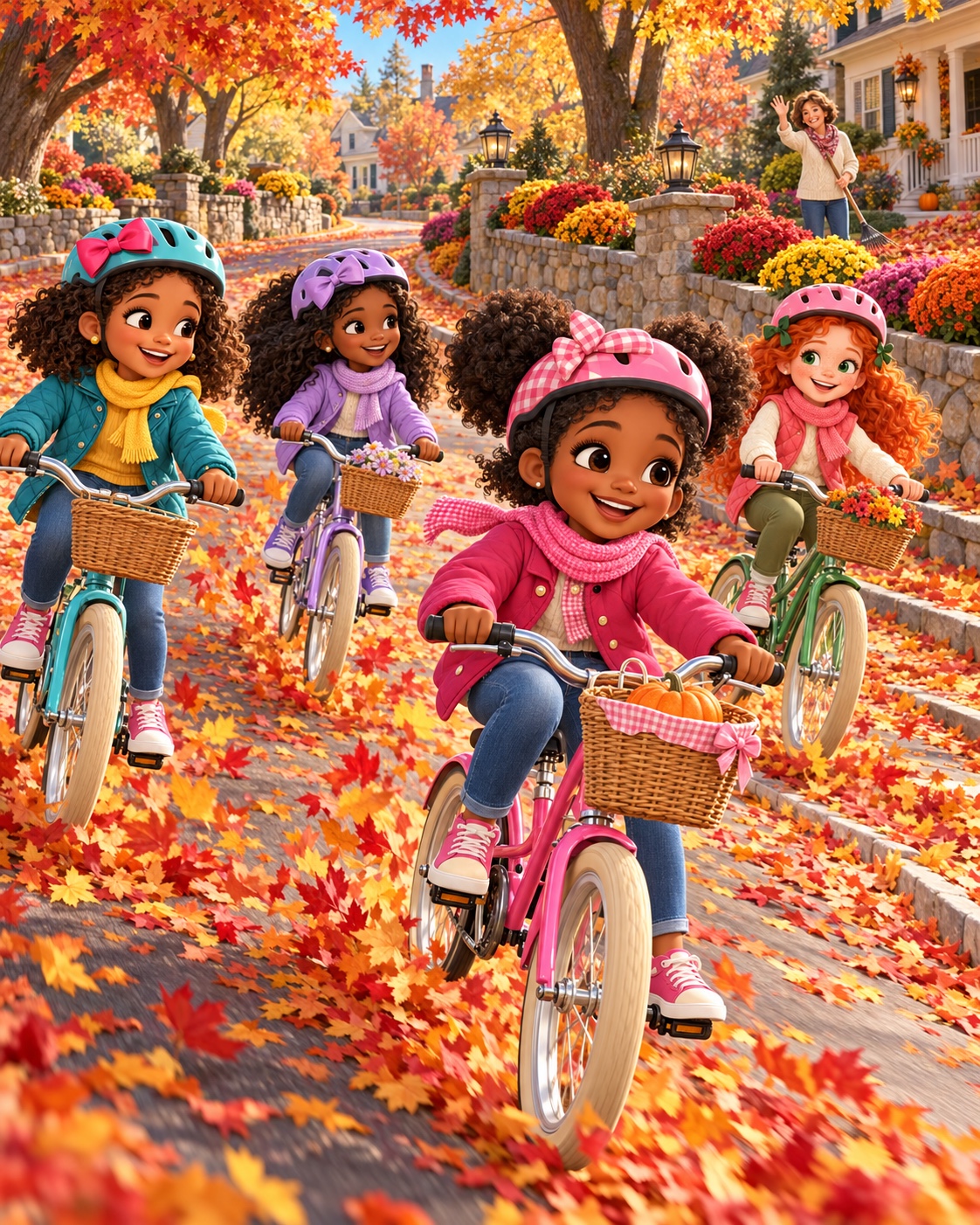 Friends riding bicycles through colorful autumn leaves