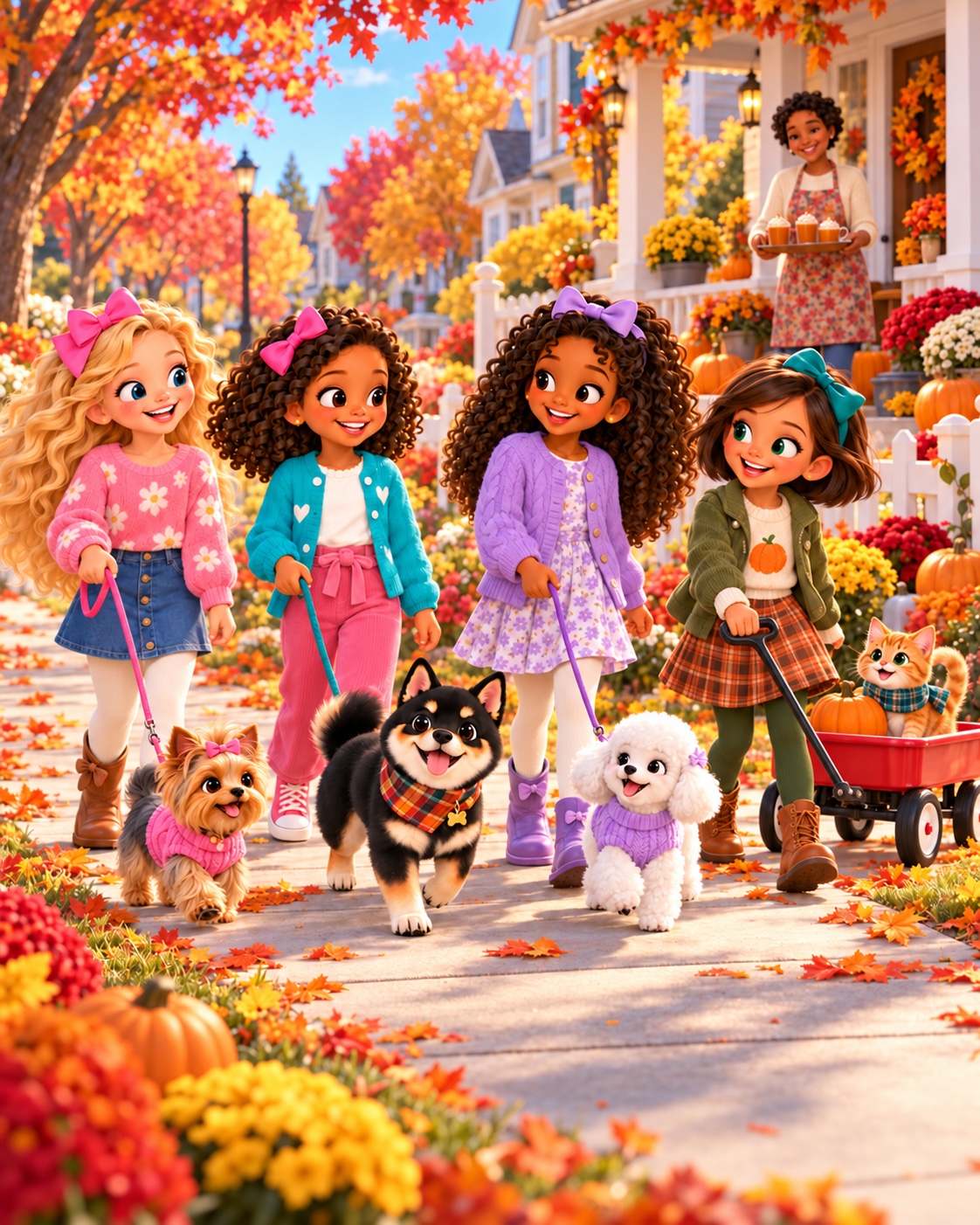 Friends and their pets walking through the neighborhood in autumn
