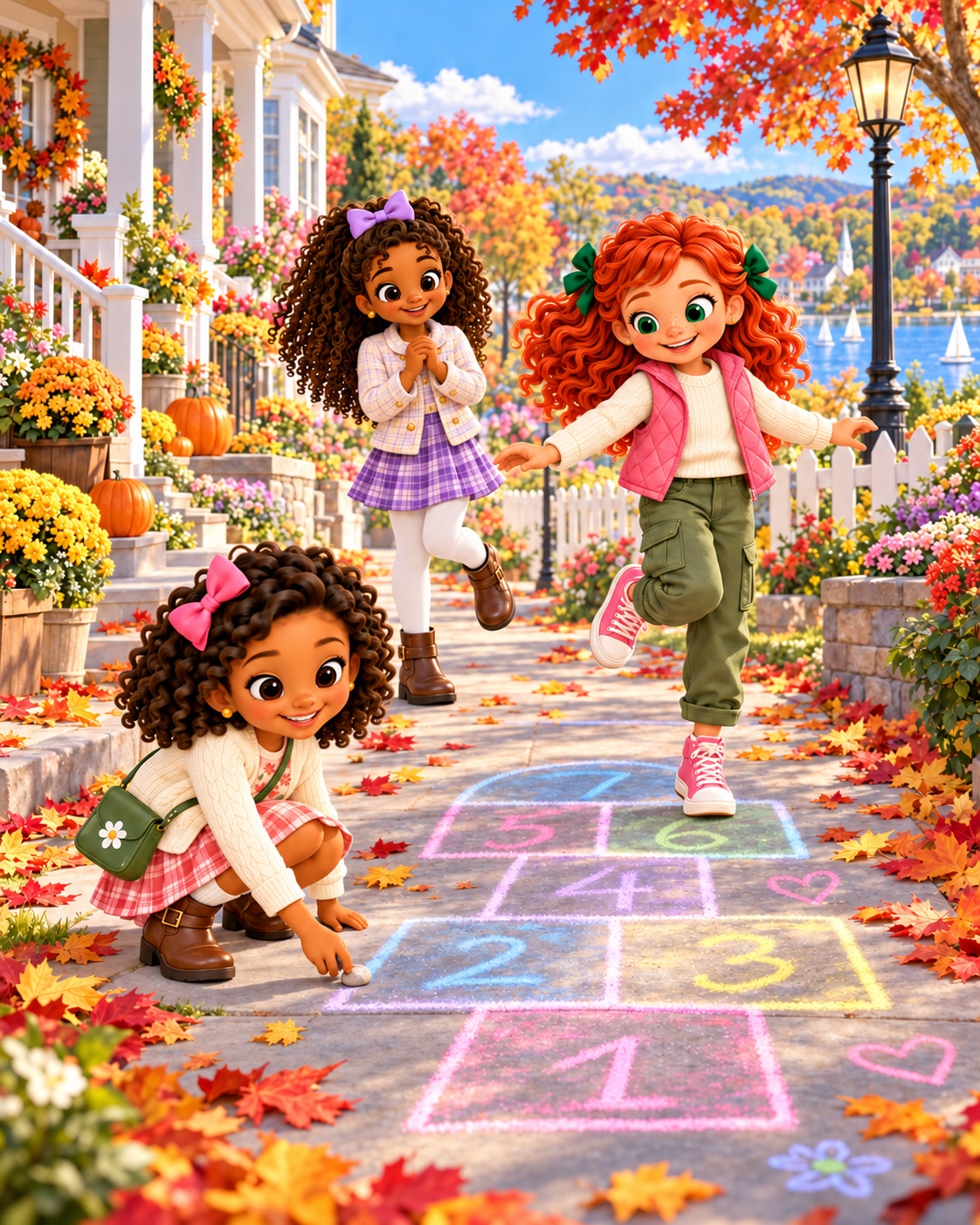 Friends playing hopscotch on a colorful fall sidewalk