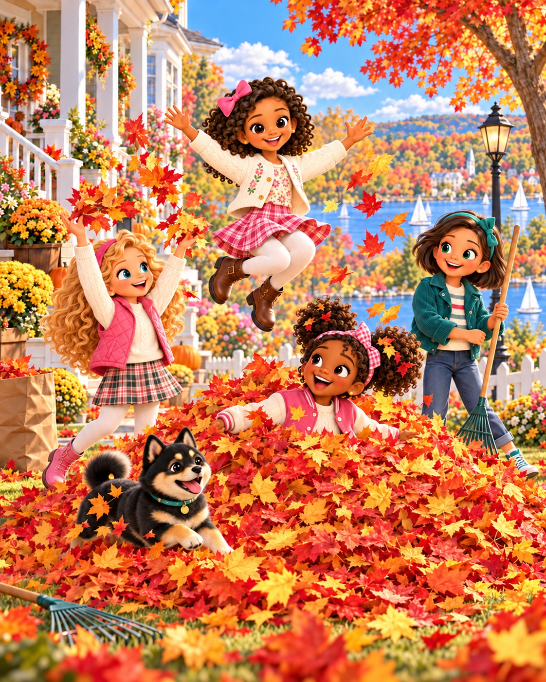 Friends and their pets playing in a pile of autumn leaves