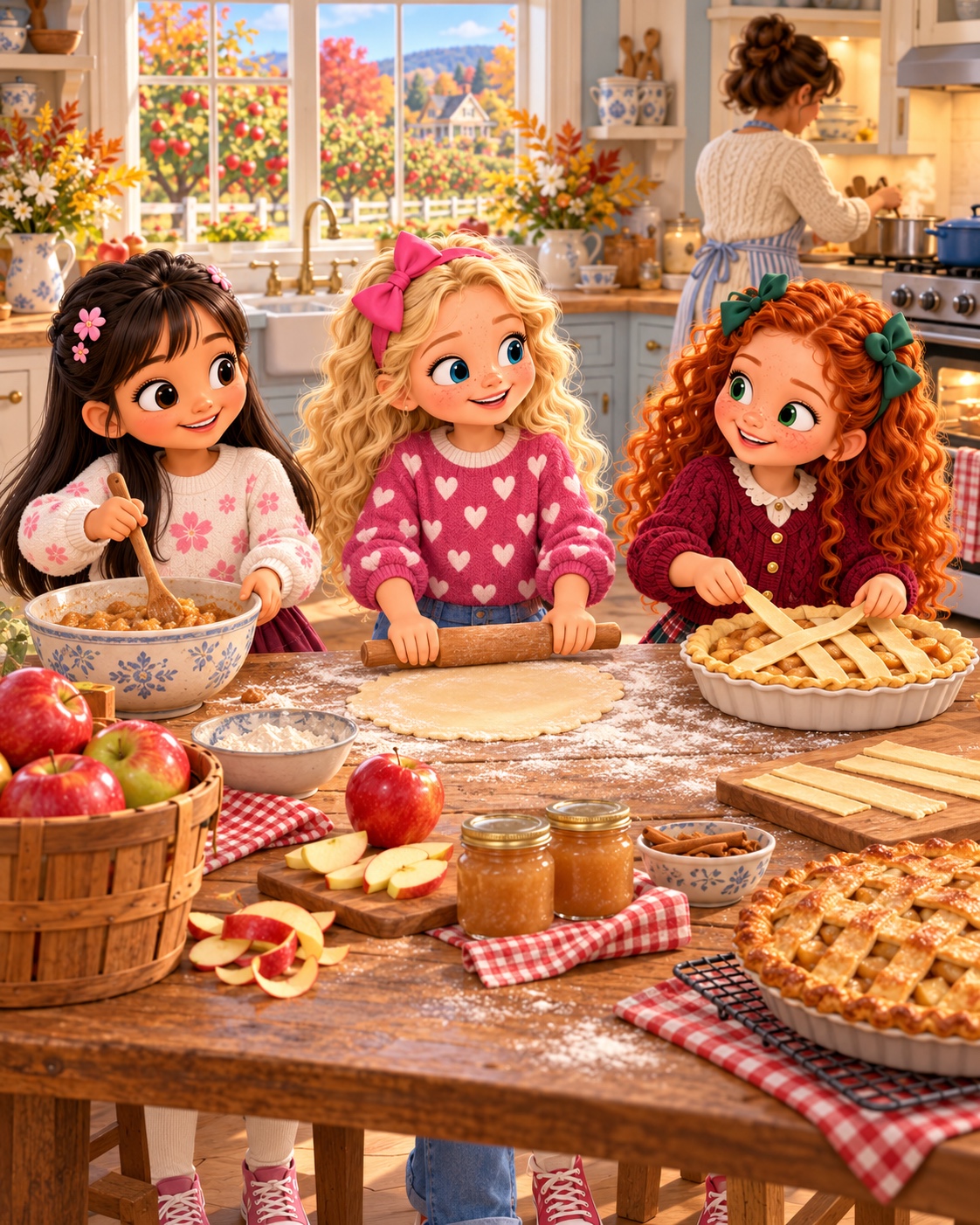 Friends baking apple treats together after their orchard adventure