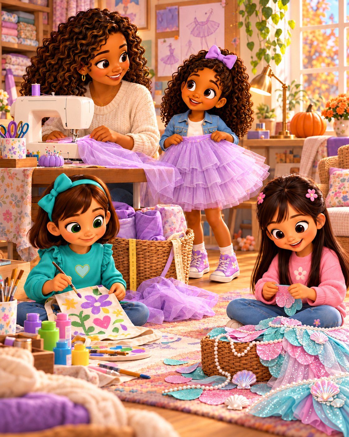 The girls sew a costume at home with Mom