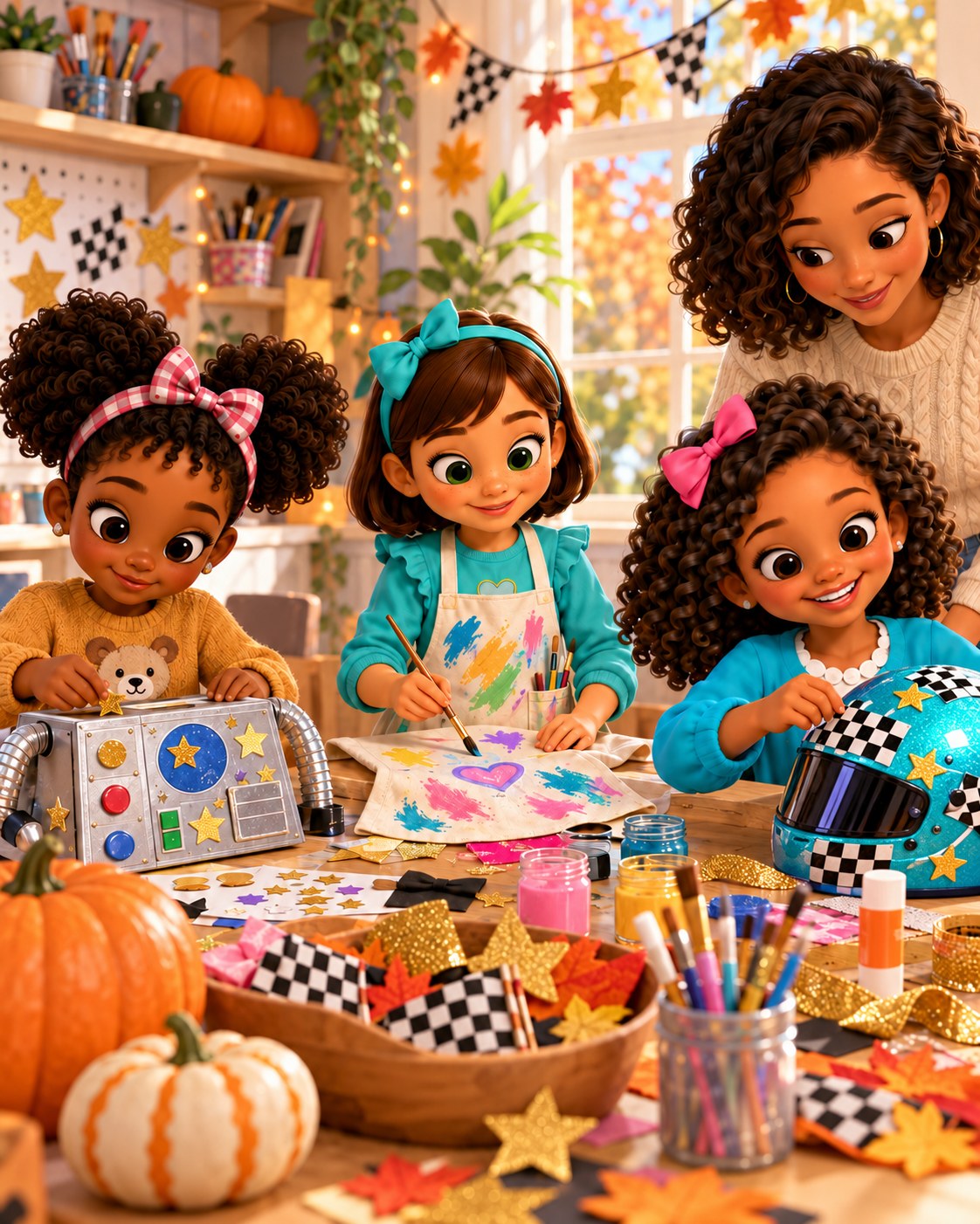 The girls make their own colorful Halloween accessories